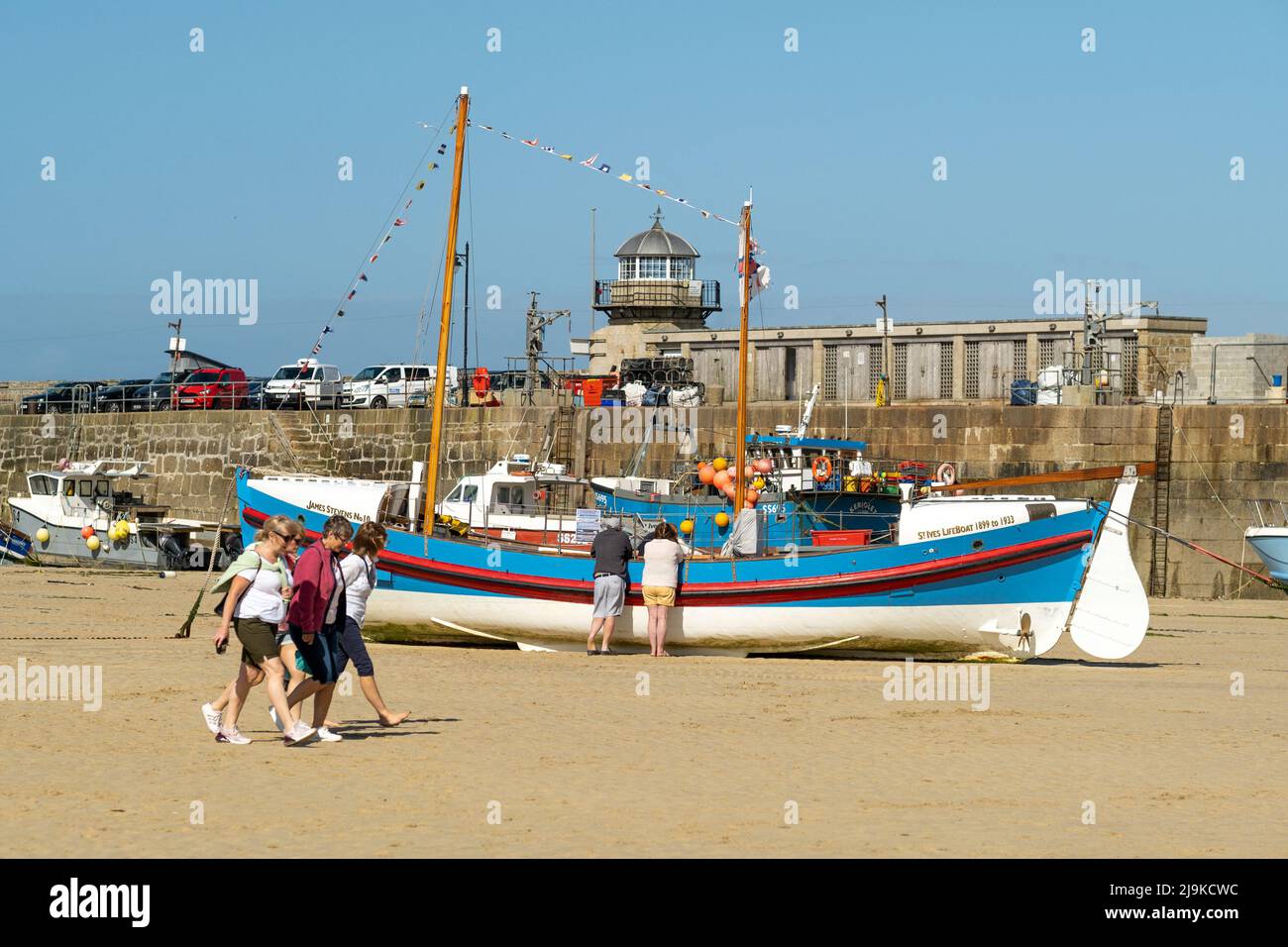 St Ives, Cornwall, UK. The James Stevens No10 St Ives Lifeboat on the Harbour Beach. Stock Photo