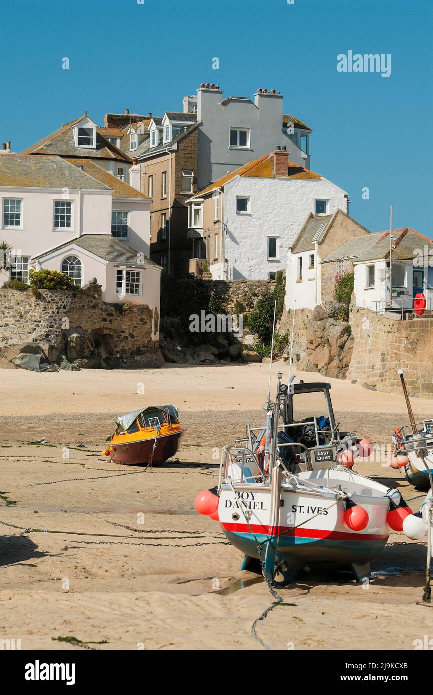 St Ives, Cornwall, UK. Small boats on the Harbour Beach. Stock Photo