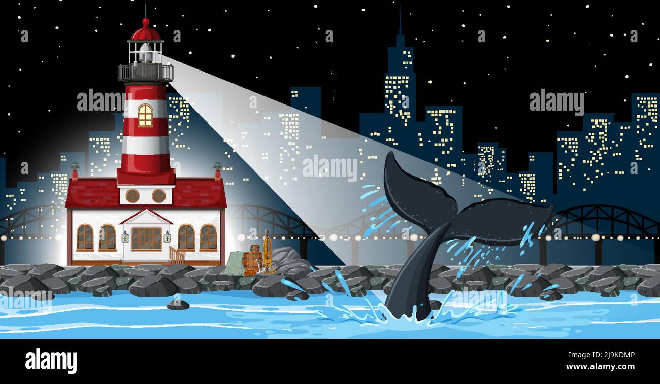 Lighthouse at night scene illustration Stock Vector Image & Art - Alamy