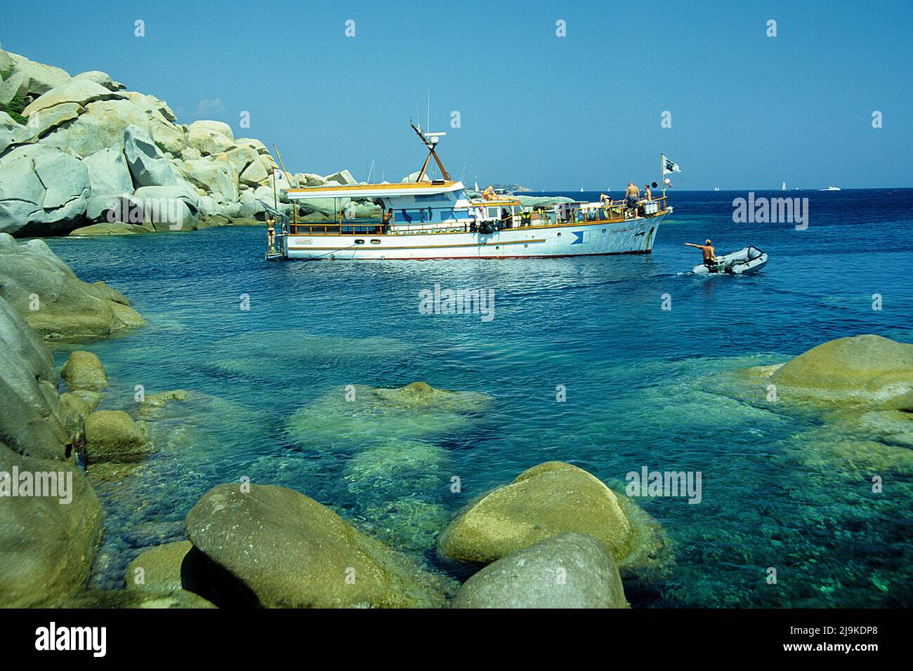 Diving boat MS Galiote at Lavezzi islands, group of small granite island between Corsica and Sardinia, Corsica, France, Mediterranean, Europe Stock Photo