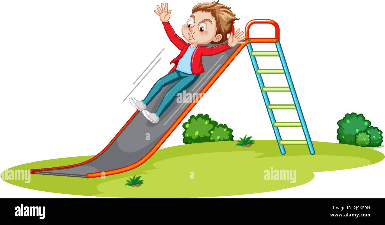The girl is sliding down the slide in the playground. Cartoon