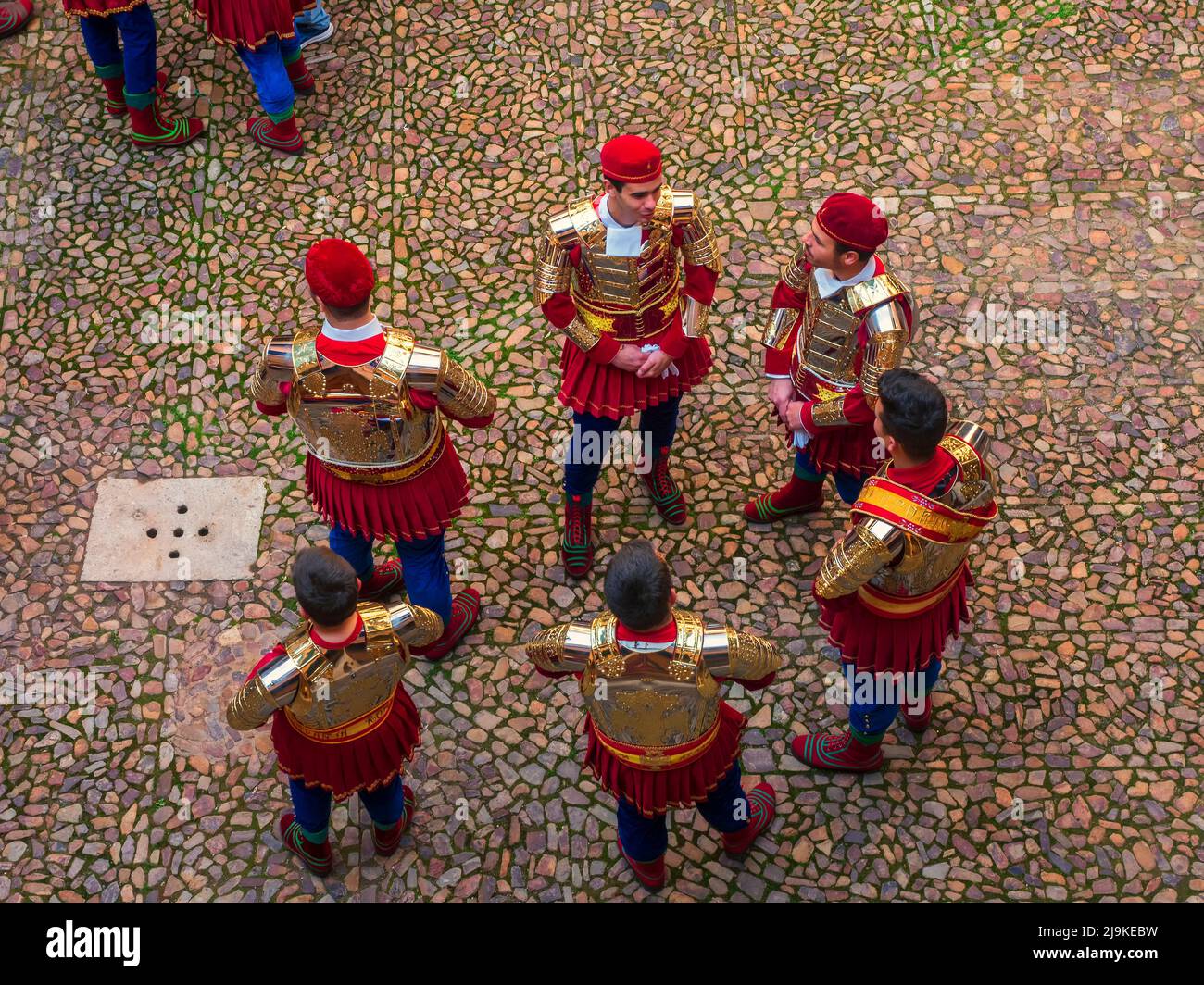 Paso de la Compañía Romana de Almagro with their period costumes and music band in the Easter Sunday parade on Palm Sunday. Stock Photo