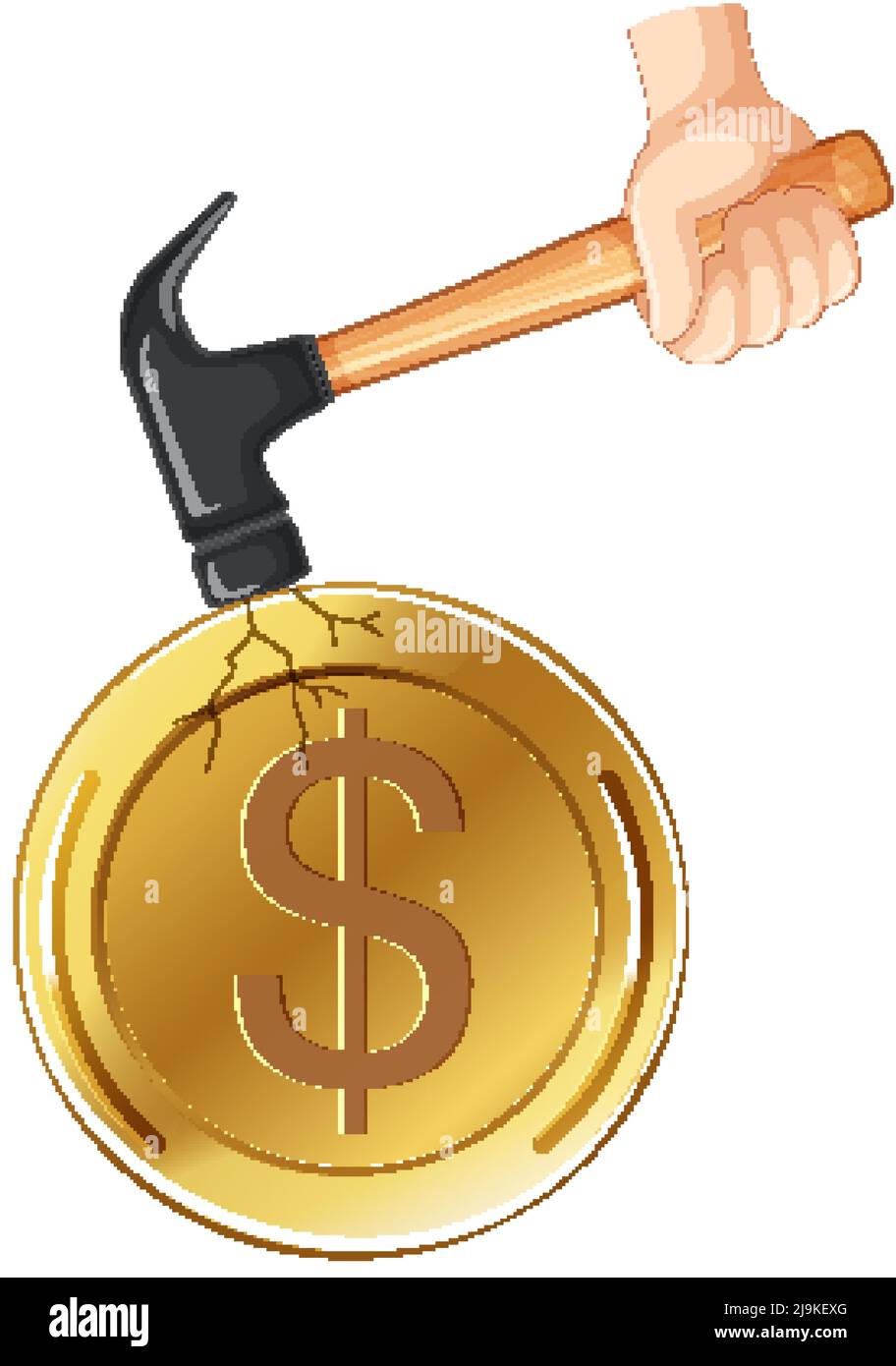 A hammer cracking coin on white background illustration Stock Vector