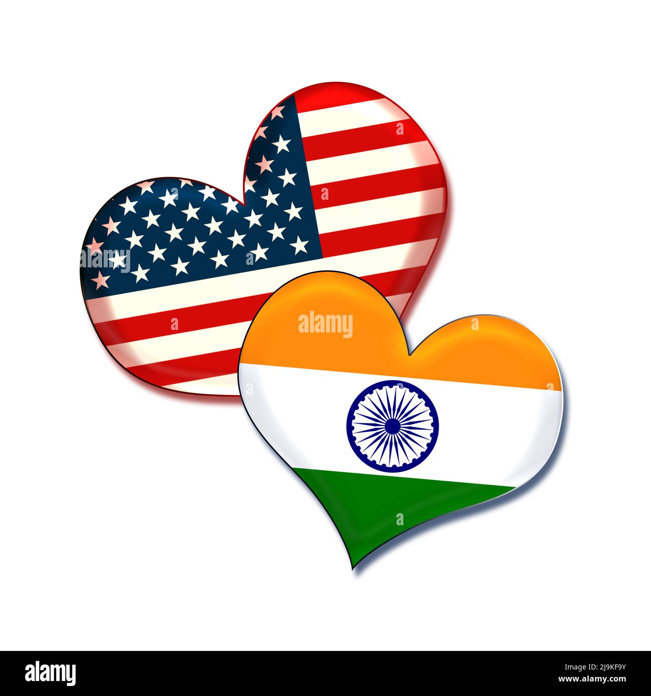 USA and India hearts. Graphic design about the friendship and ties between these countries. Stock Photo