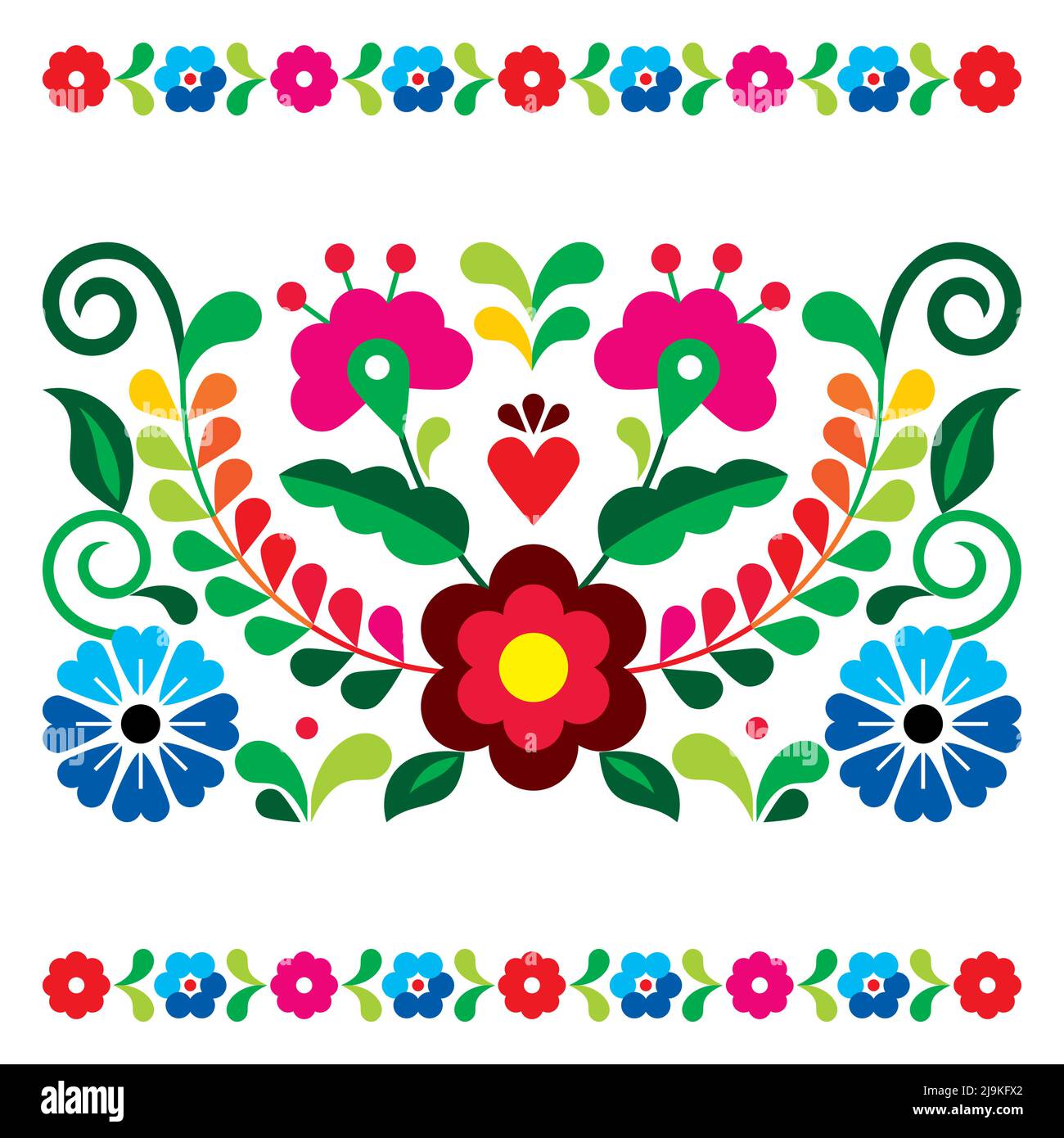 Mexican floral folk art style vector greeting card on invitation pattern, decoration inspired by traditional embroidery from Mexico Stock Vector