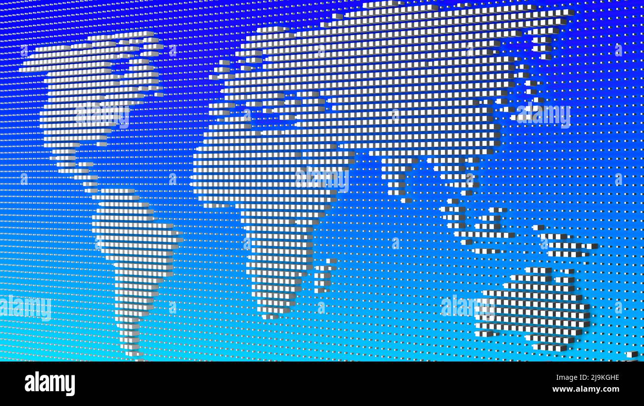3d Pixel world map background. Digital dots in the form global earth