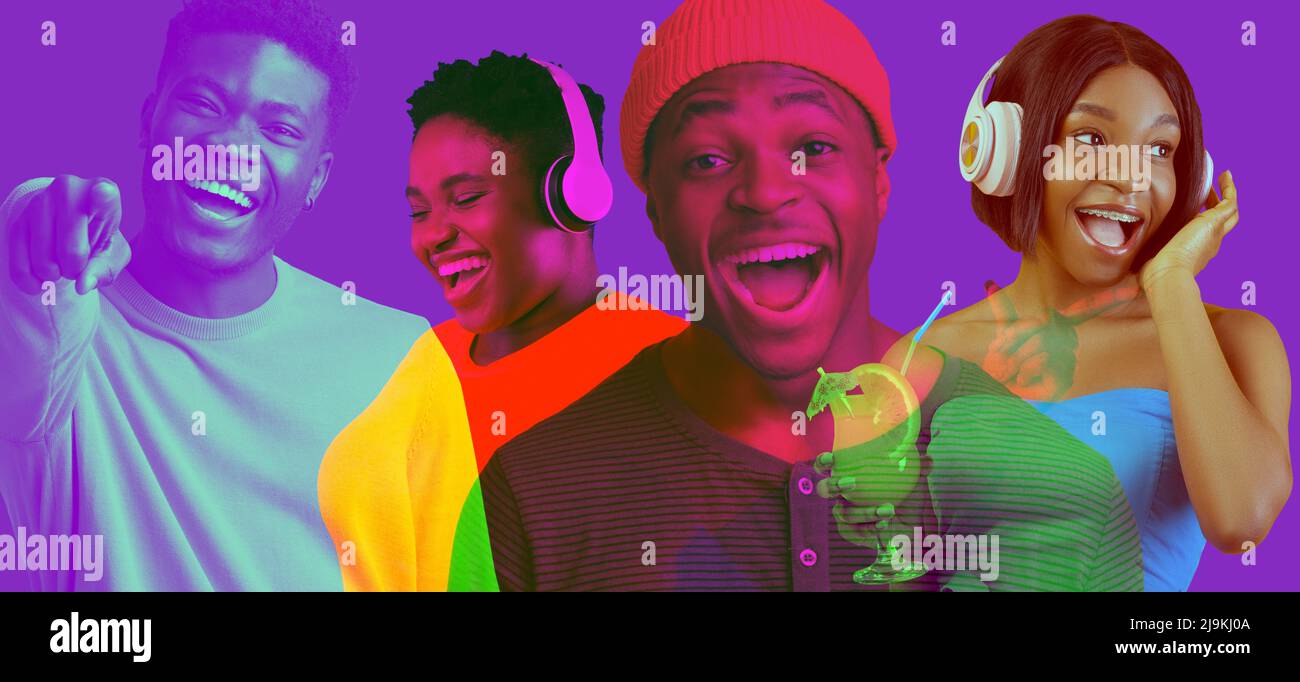Neon collage for cheerful young african american people having fun Stock Photo