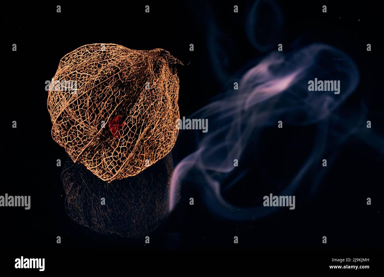 Art macro photo of a basket of Physalis vegetable seed with a pattern of smoke on a black background. Stock Photo