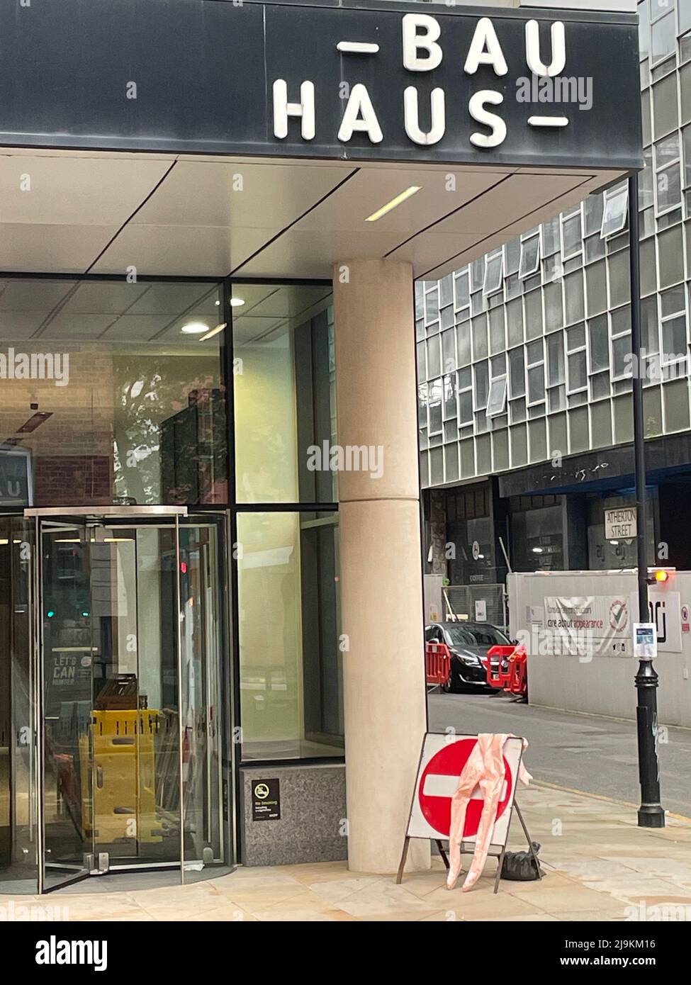 The Bauhaus office complex on quay street Manchester with outside a  discarded blow up sex doll draped on a no entry sign.  garyroberts/worldwidefeatures.com Stock Photo - Alamy