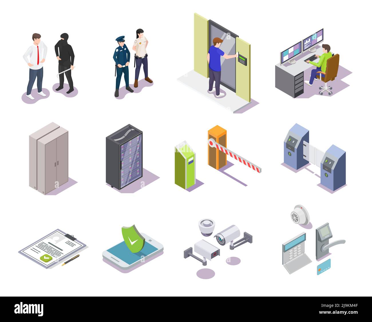 Access control system isometric 3d vector set. Home or office surveillance, police security guard and electronic checkpoint , mobile phone app softwar Stock Vector