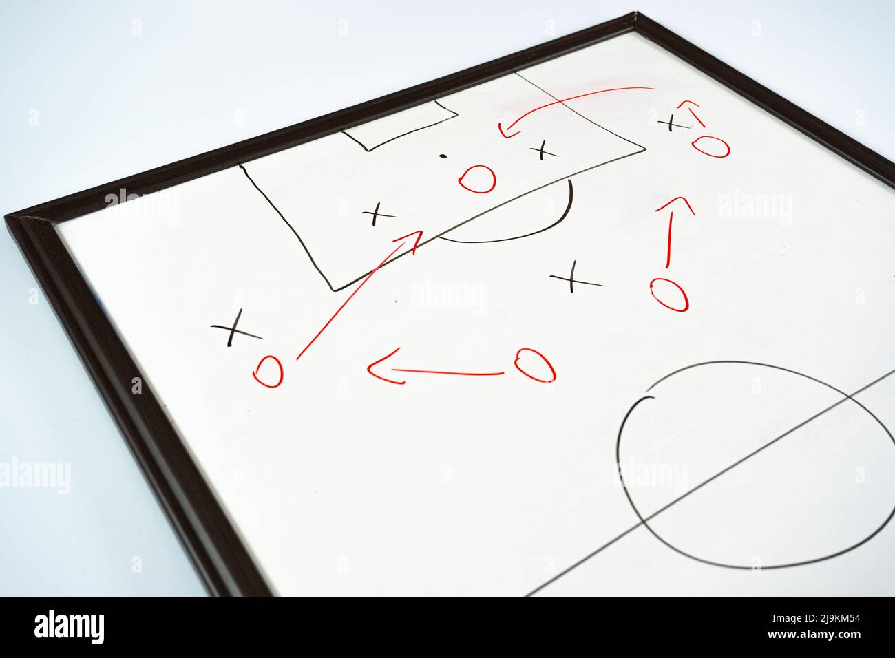 Football tactics with black red color marker on a whiteboard, soccer game strategy, football score plan, playing and attack idea, training concept Stock Photo