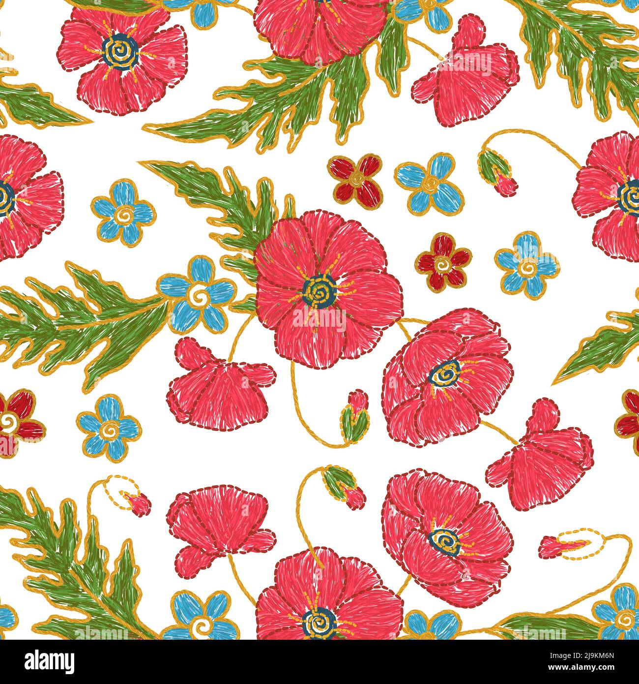 Ukrainian floral poppy flower embroidery seamless pattern. Vector ethnic illustration Stock Vector