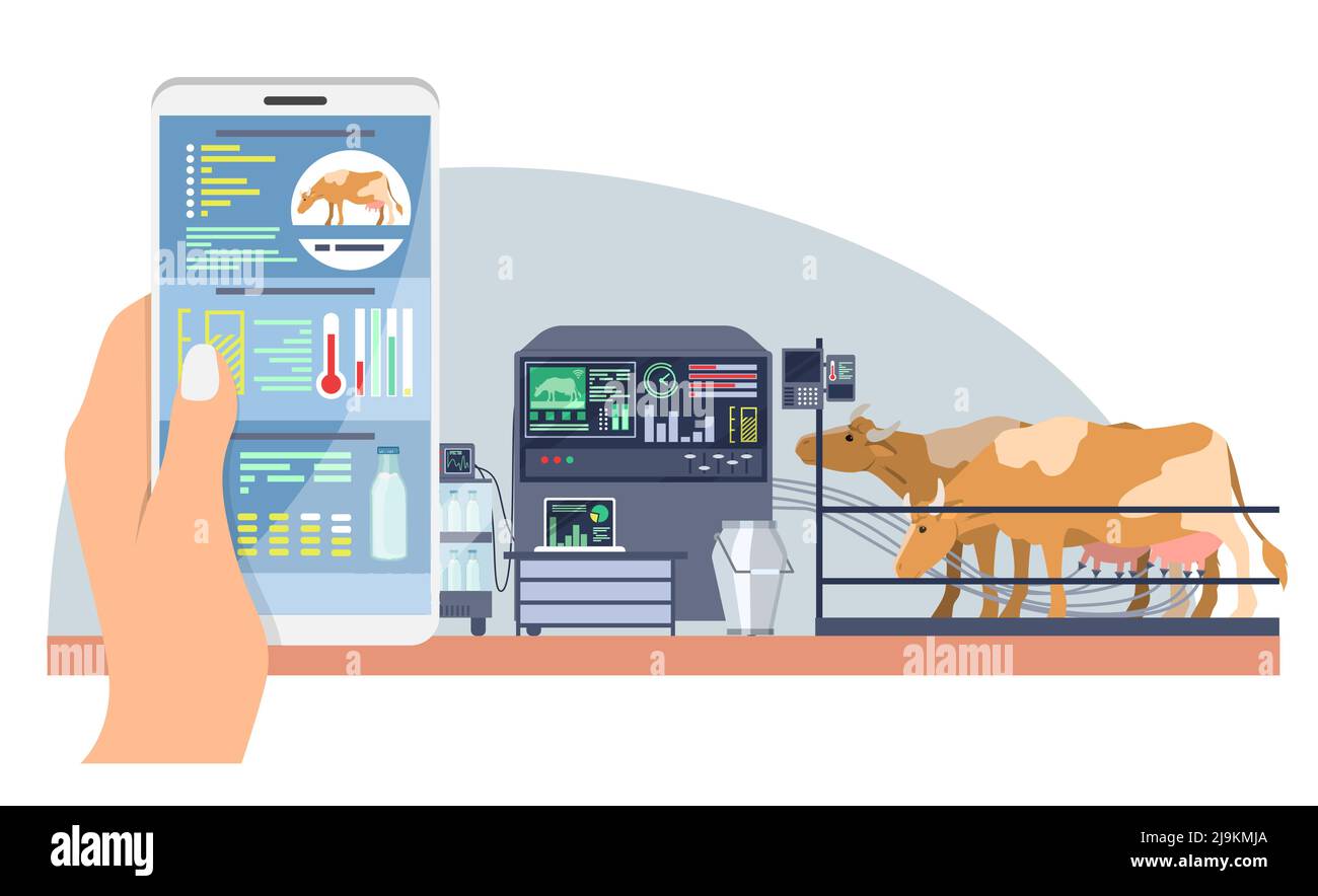 Animal smart farm technology vector illustration. Cow dairy milk production and livestock remote control. Mobile phone with application to monitoring Stock Vector Image & Art - Alamy Animal smart farm technology vector illustration. Cow dairy milk production and livestock remote control. Mobile phone with application to monitoring Stock Vector Image & Art - Alamy