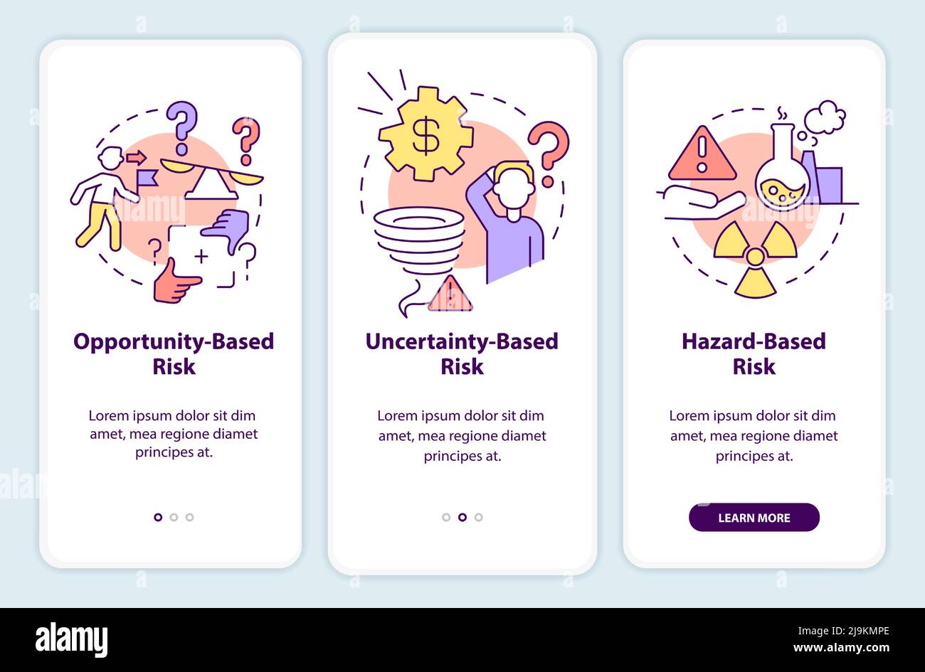 Risks types onboarding mobile app screen Stock Vector