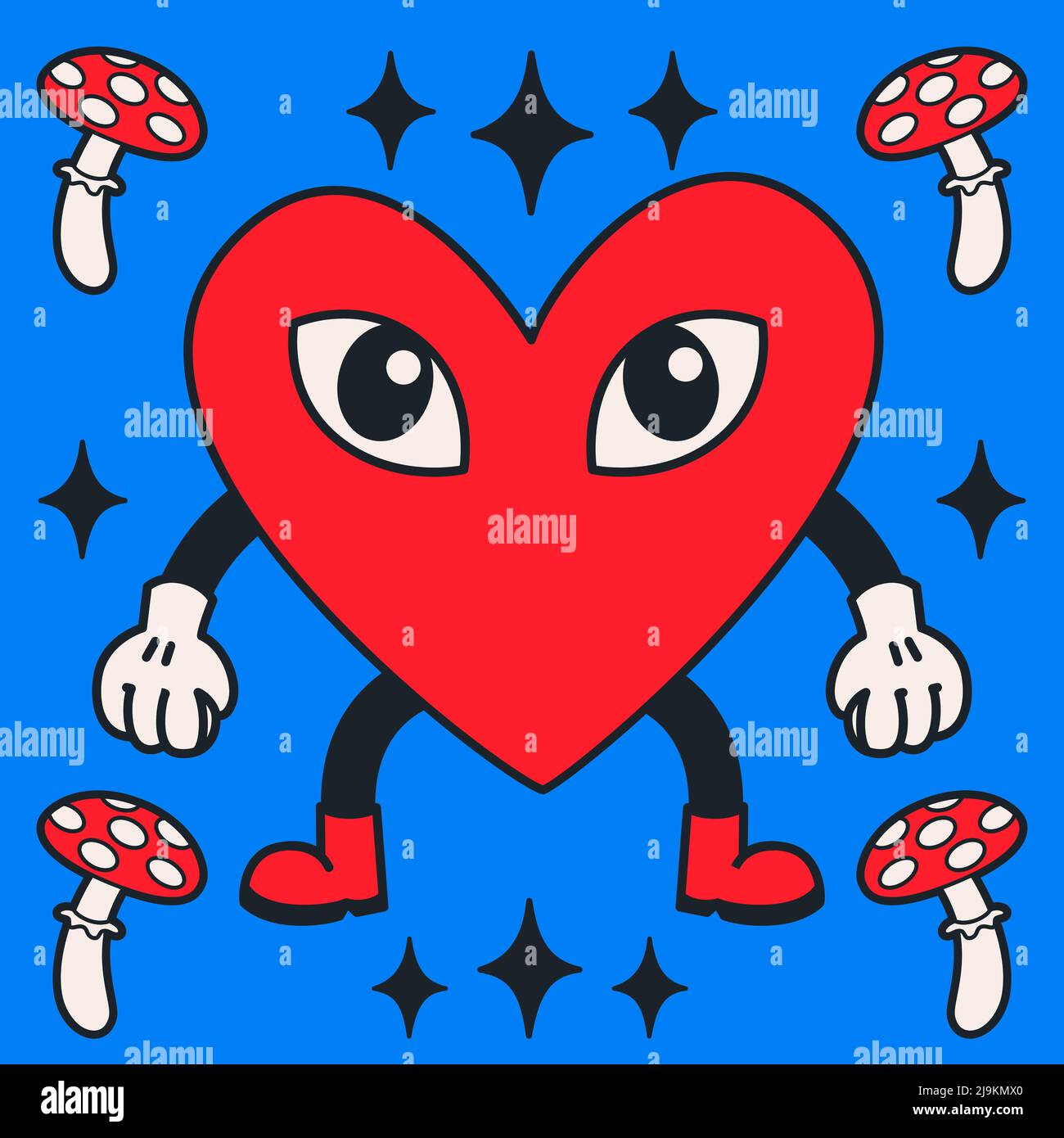 Cartoon vector funny cute Comic characters heart with mushrooms