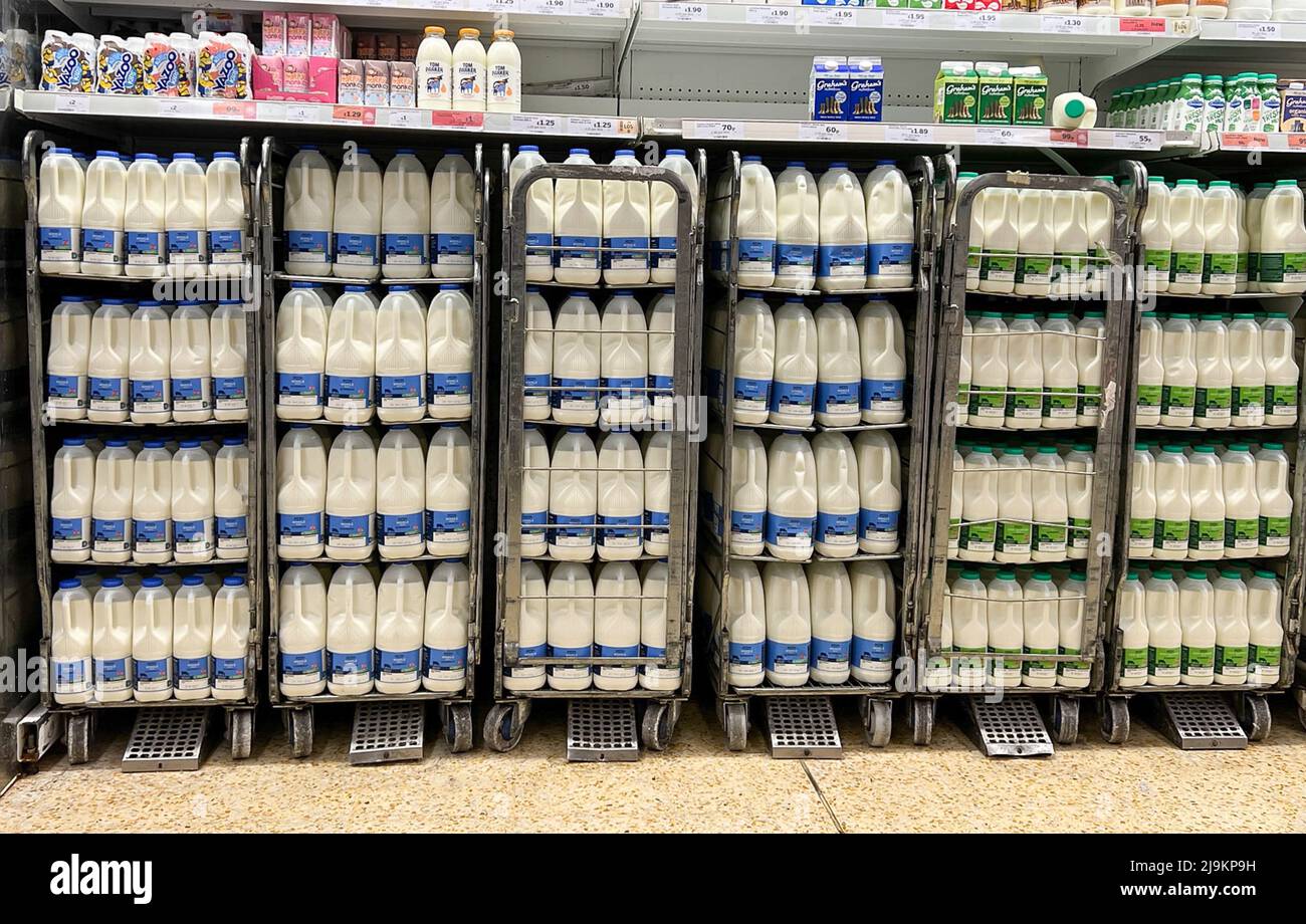 London, UK 24 May 2022 - Crates of fresh milk in a supermarket. According to Arla Foods - the UK's largest dairy firm the cost of dairy products is likely to continue rise for the foreseeable future due to production costs. Credit Dinendra Haria /Alamy Live News Stock Photo