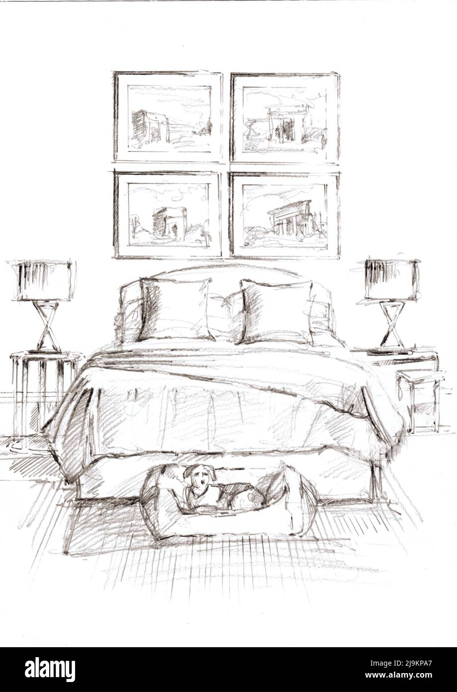 Black and white illustration of a bedroom on a white background Stock