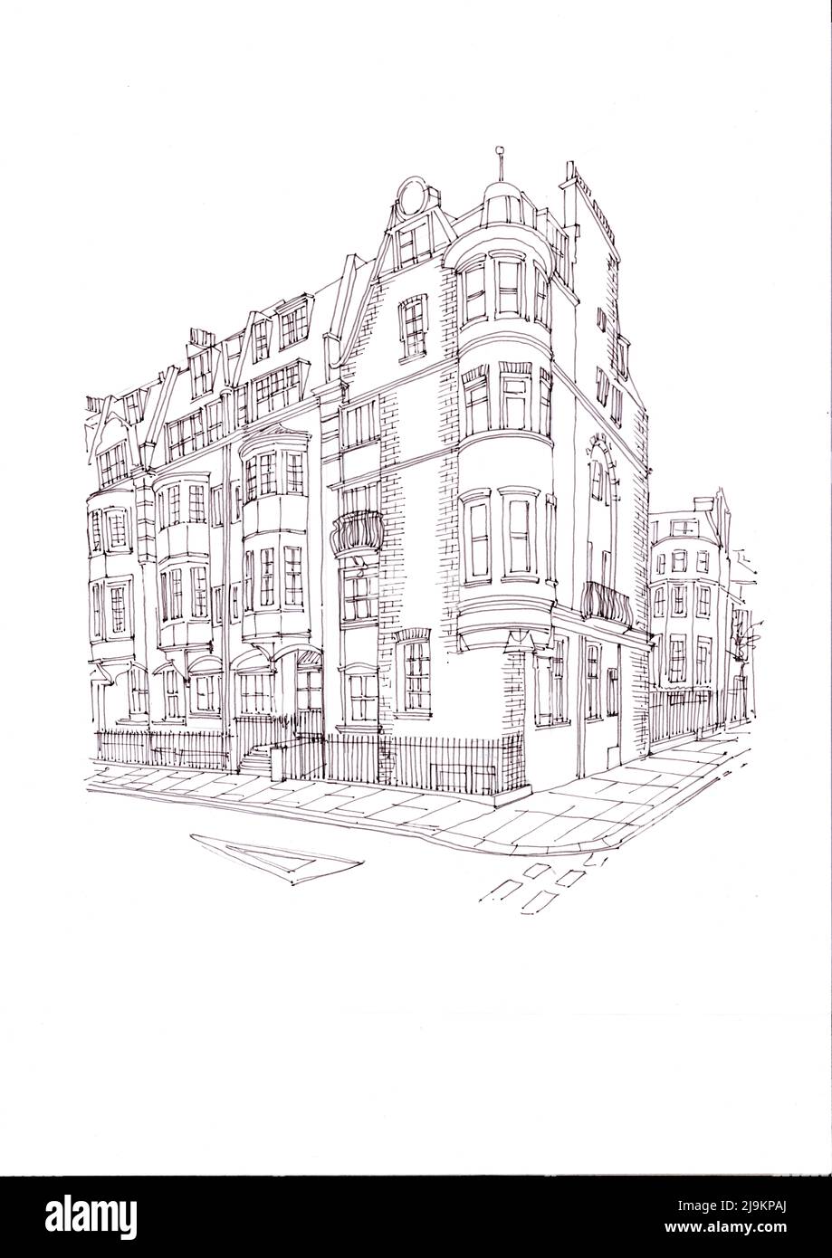 Black and white illustration of a traditional building on a white ...