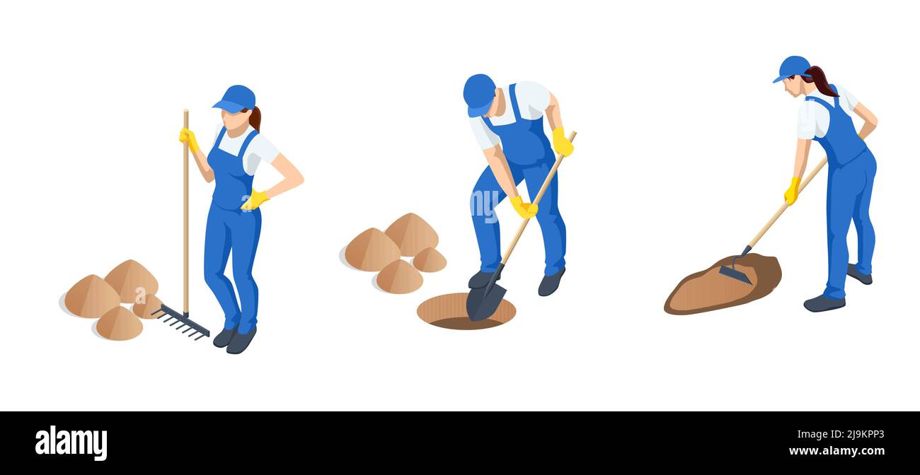 Isometric gardeners, farmers and workers caring for the garden, growing agricultural products. Worker digs the black soil with shovel in the vegetable Stock Vector