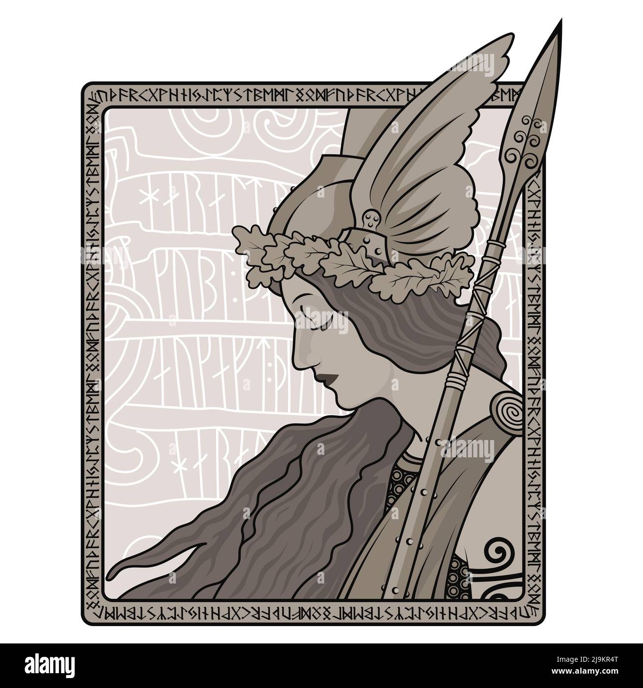 Valkyrie, illustration to Scandinavian mythology, drawn in Art Nouveau style Stock Vector