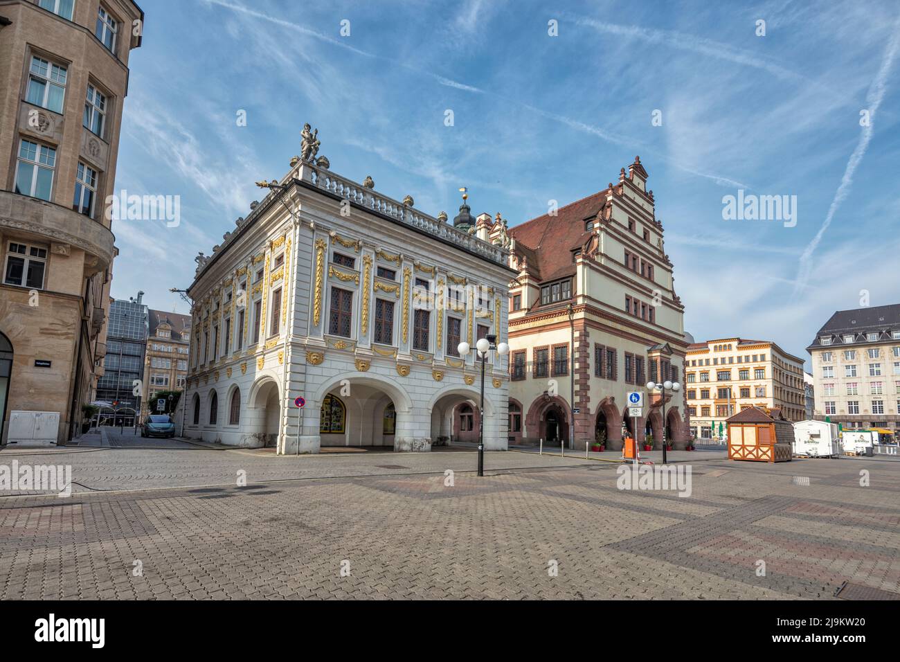 Alte Borse (centre left) 17th century baroque style old stock exchange by renaissance Altes Rathaus (old town hall) seen from Salzgasschen. Leipzig. Stock Photo
