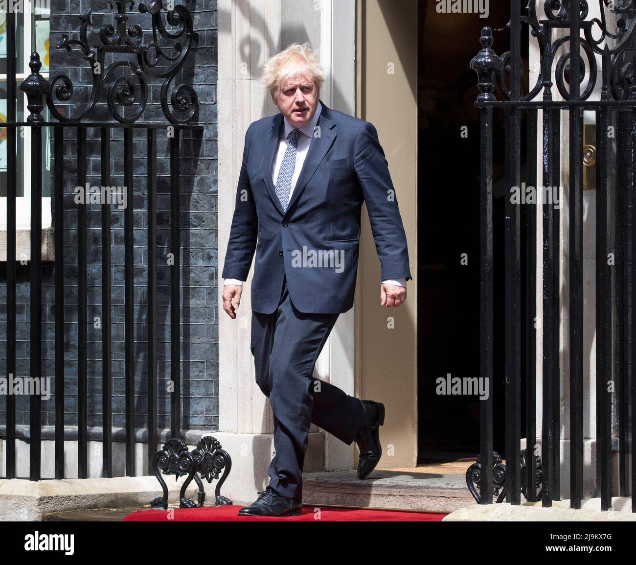 London ,United Kingdom  -24/05/2022. Prime Minister Boris Johnson is seen welcoming the Amir HH Sheikh Tamim Bin Hamas Al-Thani of Qatar to Downing St Stock Photo