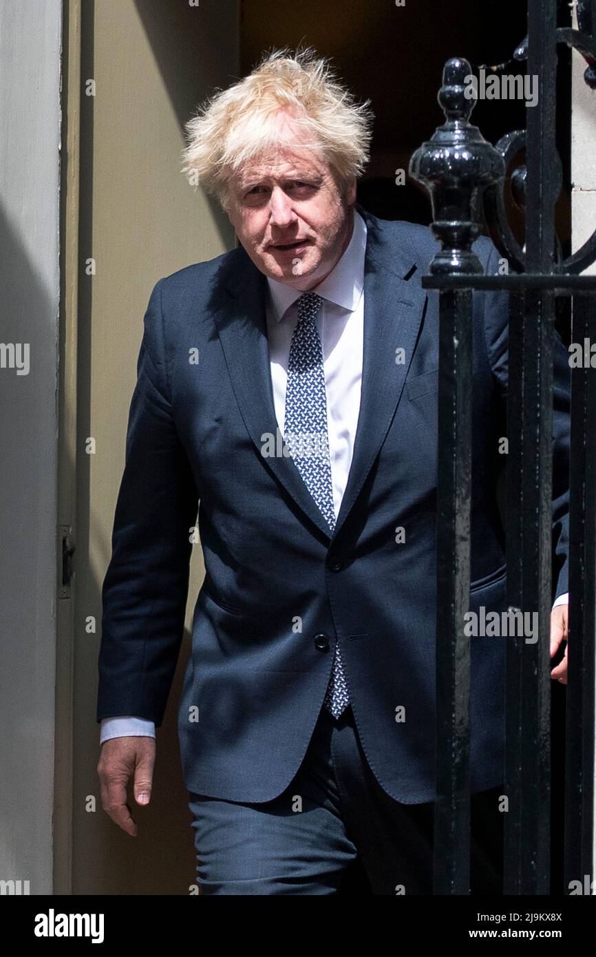 London ,United Kingdom  -24/05/2022. Prime Minister Boris Johnson is seen welcoming the Amir HH Sheikh Tamim Bin Hamas Al-Thani of Qatar to Downing St Stock Photo