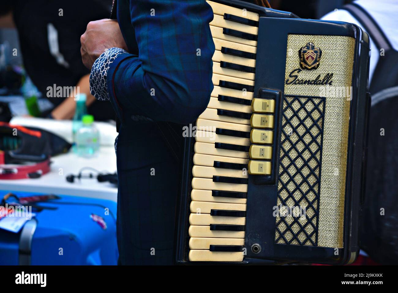 Male accordionist with a classic Italian Scandalli accordion on his shoulder on the streets of Rio de Janeiro in Brazil. Stock Photo