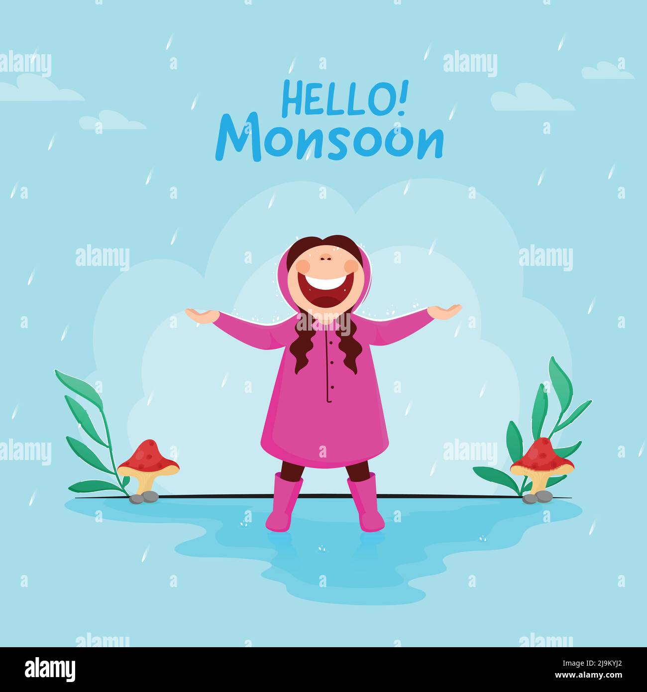 Hello Monsoon Poster Design With Cheerful Young Girl Enjoying Rainy Season On Cyan Background. Stock Vector