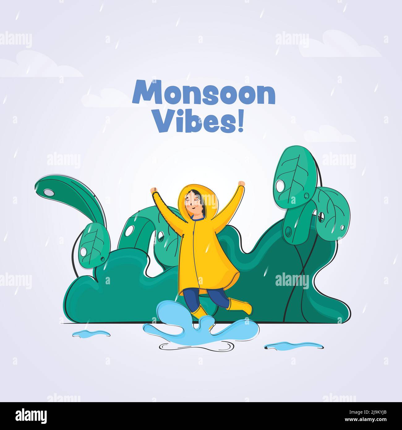 Monsoon Vibes! Font With Cheerful Young Girl Jumping In Water And Plants On Gray Background. Stock Vector