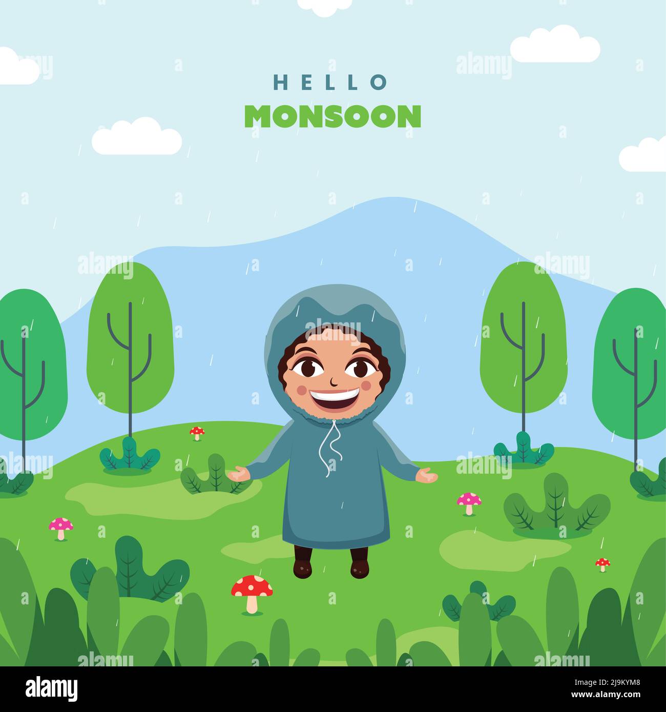 Hello Mushroom Concept With Cheerful Boy Wearing Raincoat On Natural Rainfall Background. Stock Vector