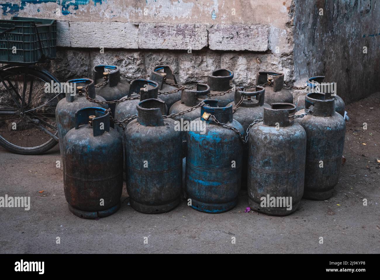 Many old, used propane gas bottles Stock Photo