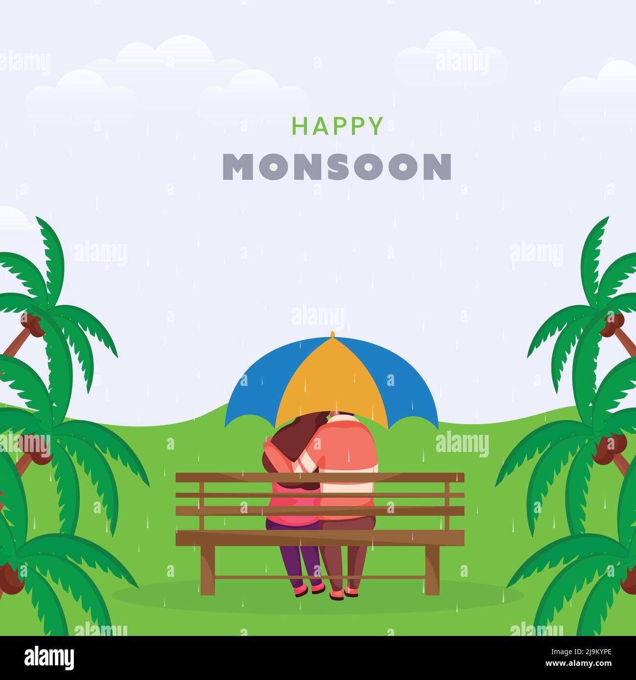 Happy Monsoon Poster Design With Back View Of Young Couple Sitting At Bench Under Umbrella And Coconut Trees On Rainfall Background. Stock Vector