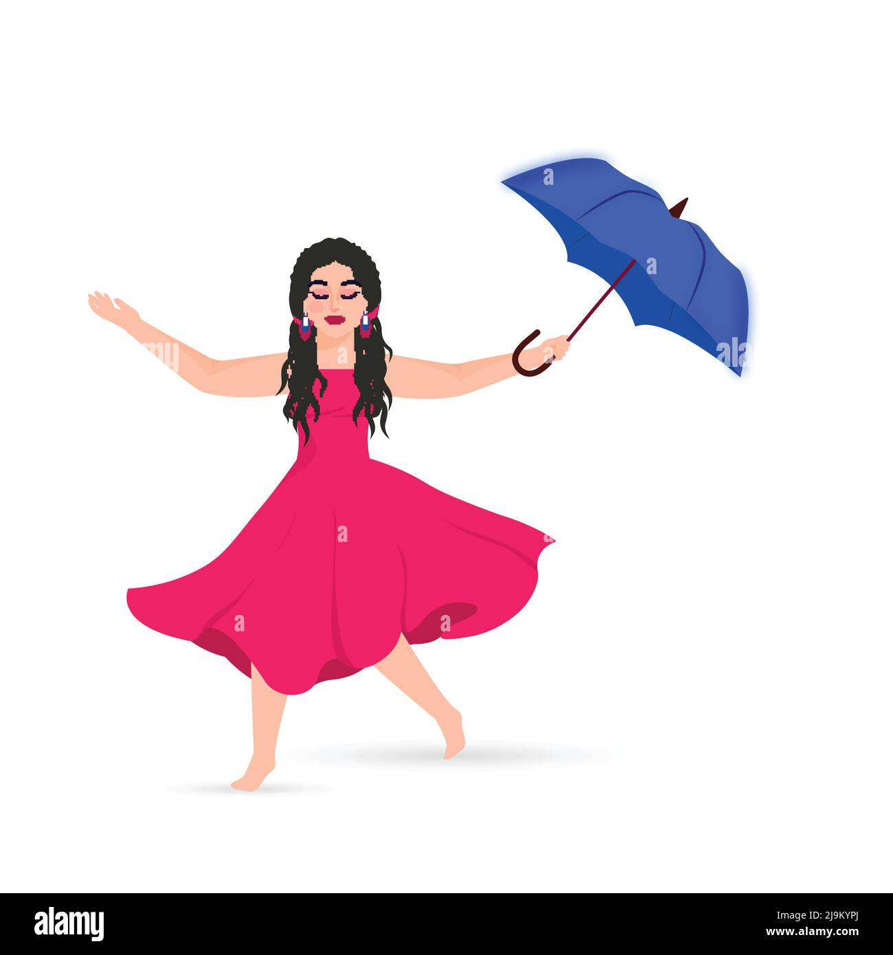 Beautiful Young Girl Holding Umbrella In Dance Pose Against White