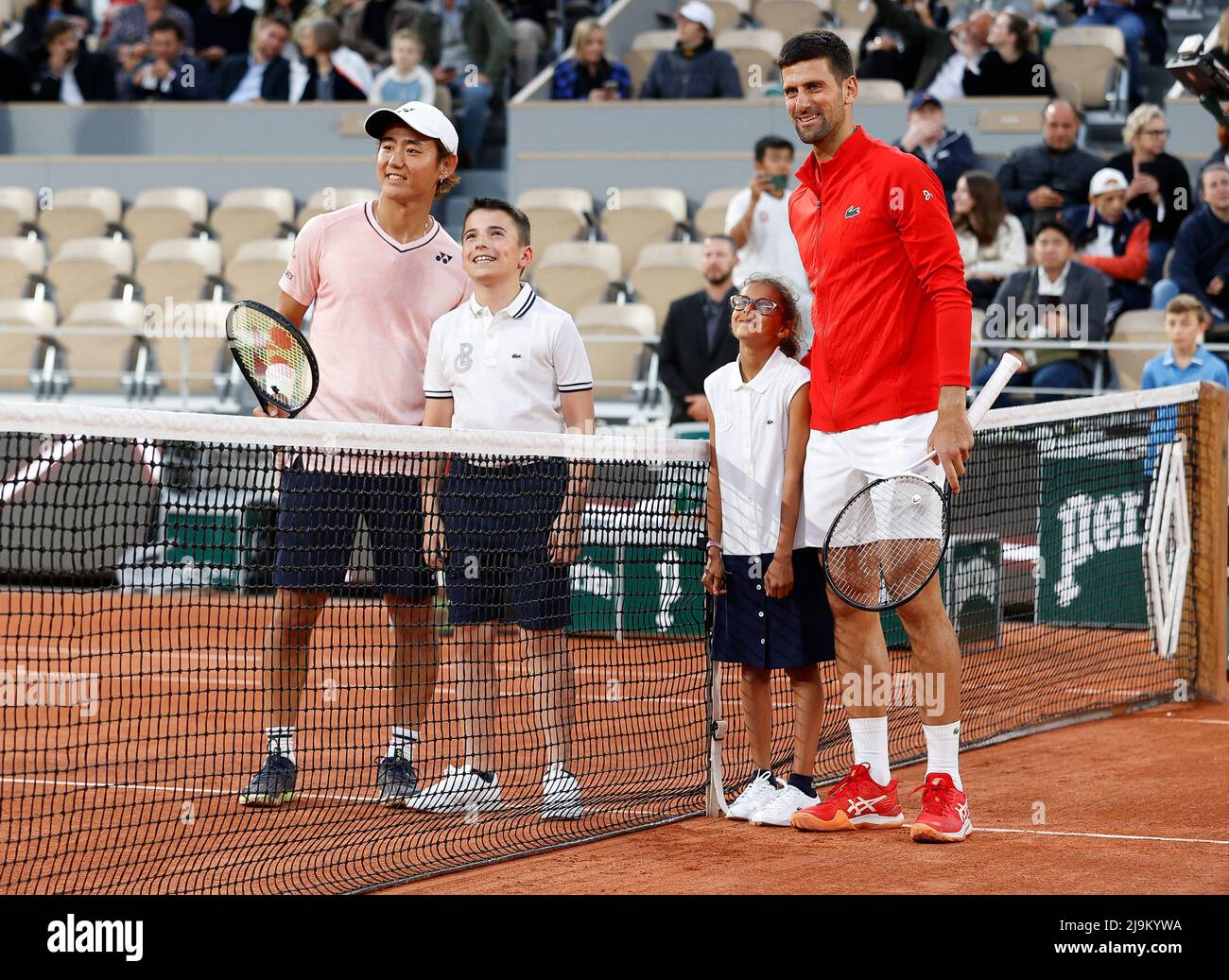 Paris, France, May 23 2022, Yoshihito NISHIOKA (JPN) and Novak DJOKOVIC (SRB) during Day 02 of the 2022 French Open at Roland Garros on May 23 2022 in Paris, France, Photo by
