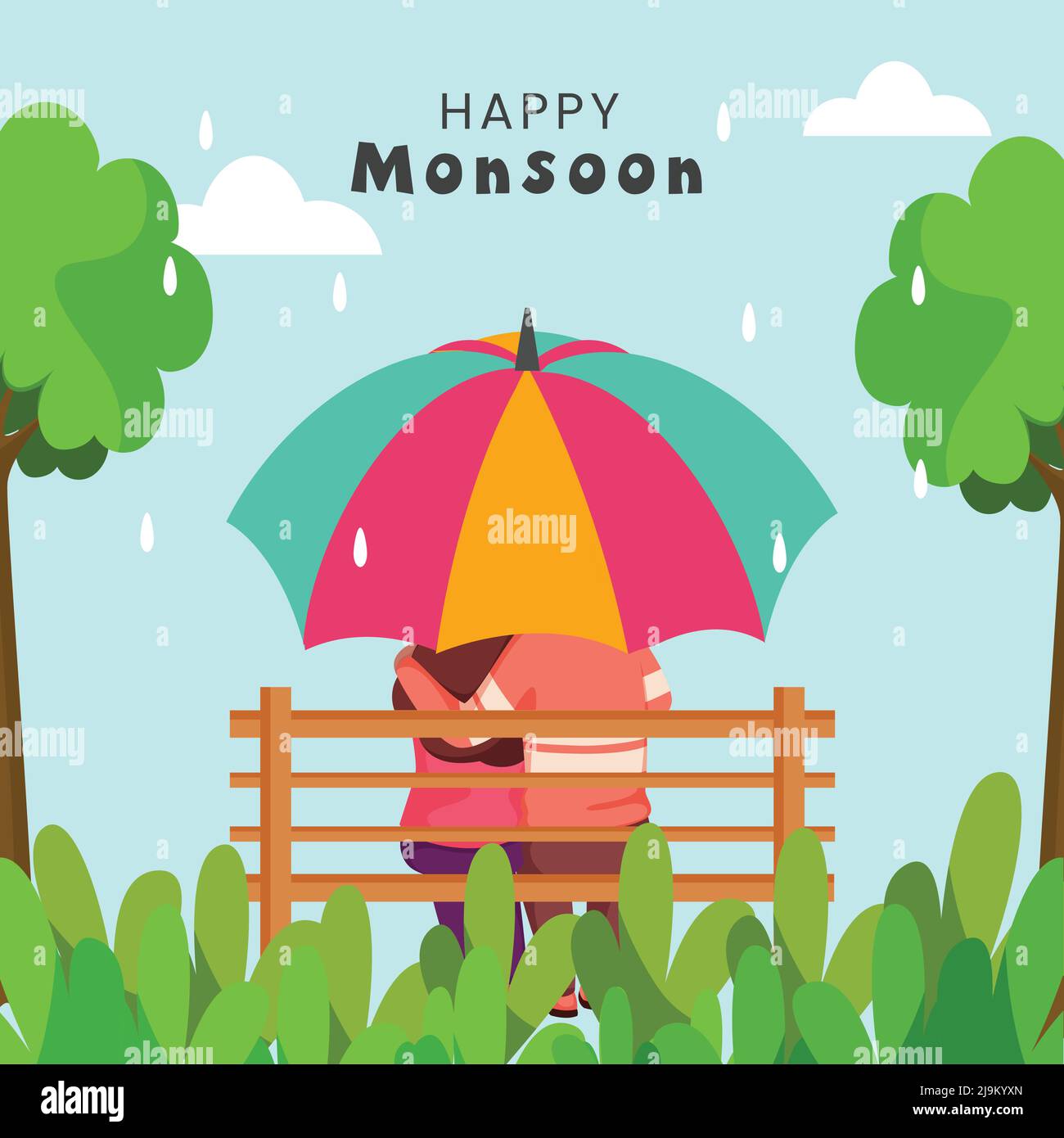 Happy Monsoon Poster Design With Back View Of Young Couple Sitting At Bench Under Umbrella And Trees On Water Drops Cyan Background. Stock Vector