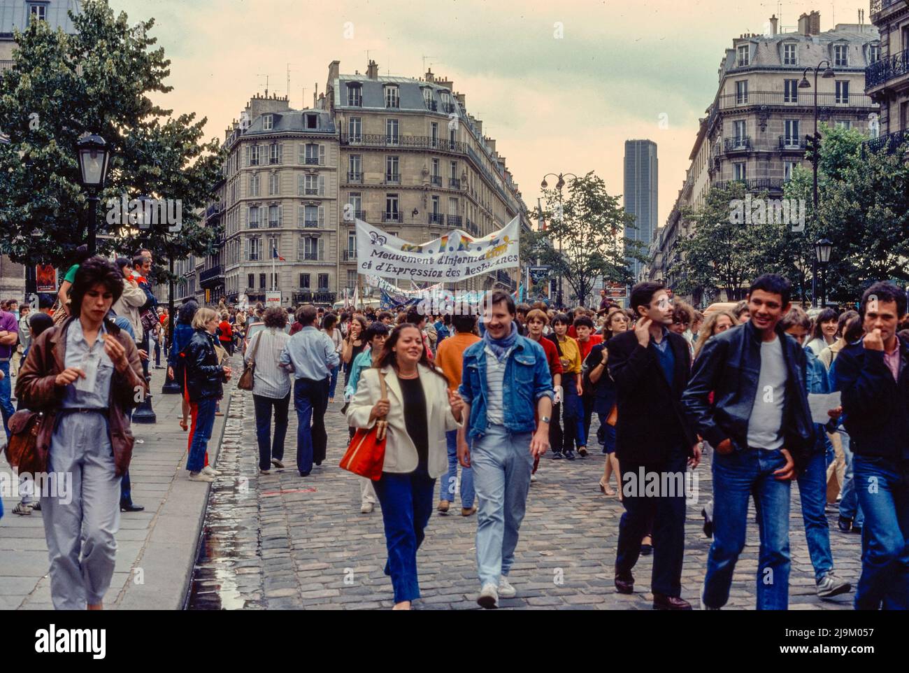 Paris, France, Large Crowd People, marching, Scene, LGBT Fierté, Gay Pride March, on Street, Saint Germain des Prés, 1982, 1980s France, gay protest vintage, paris archive photos Stock Photo