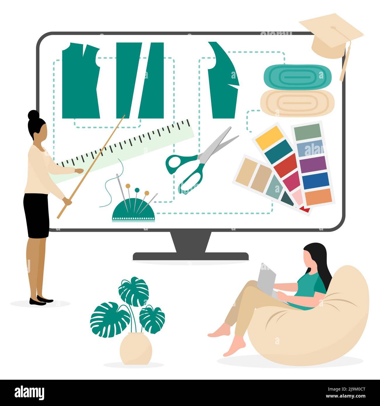 Vector illustration Seamstress teaching people at sewing classes ...