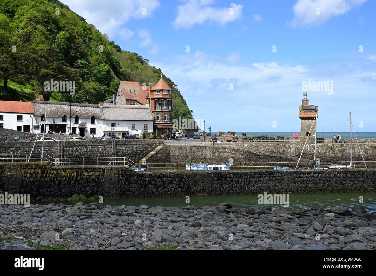 20.05.2022:  Lynmouth Harbour, Devon, England, UK. Rhenish Towera at harbour at Lynmouth in Exmoor National Park. Stock Photo
