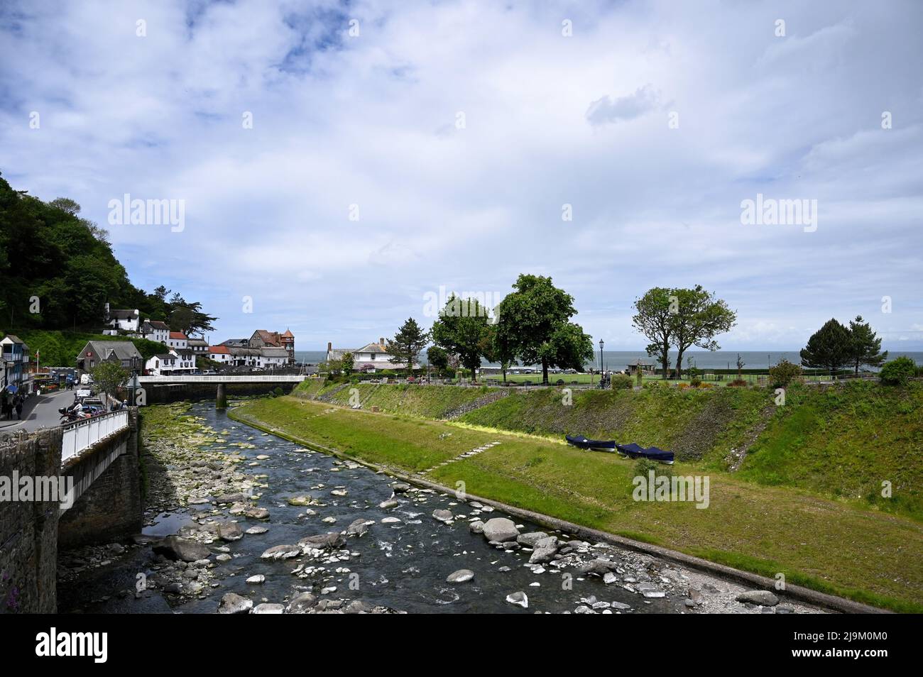 Coastal village of Lynmouth in Devon, England on the northern edge of Exmoor National Park. East Lyn River in Lynmouth. Stock Photo