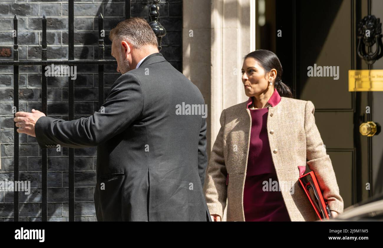 London, UK. 24th May, 2022. Pritti Patel, Home Secretary, leaves a cabinet meeting at 10 Downing Street London. Credit: Ian Davidson/Alamy Live News Stock Photo