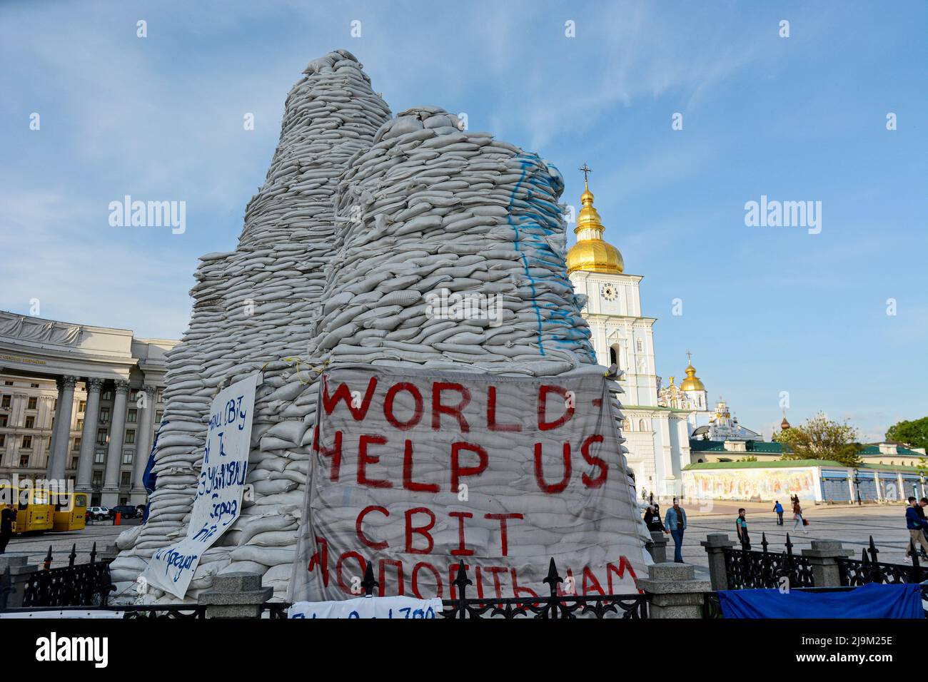 Sandbags piled around a monument of Princess Olga, Apostle Andrew