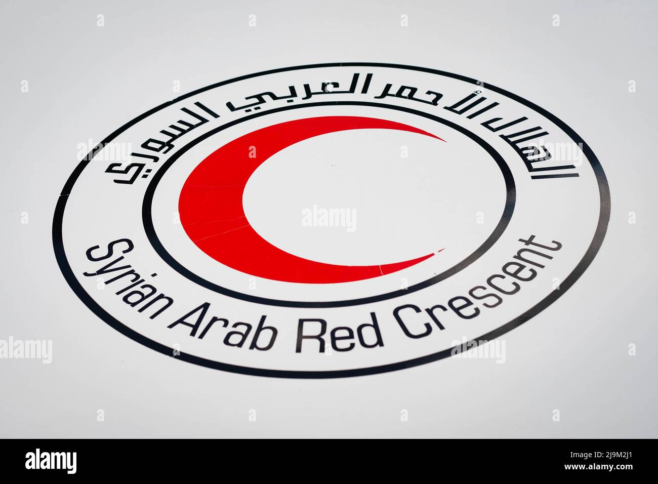 Damascus, Syria - may, 2022: Logo of the Syrian Red Crescent on car Stock Photo