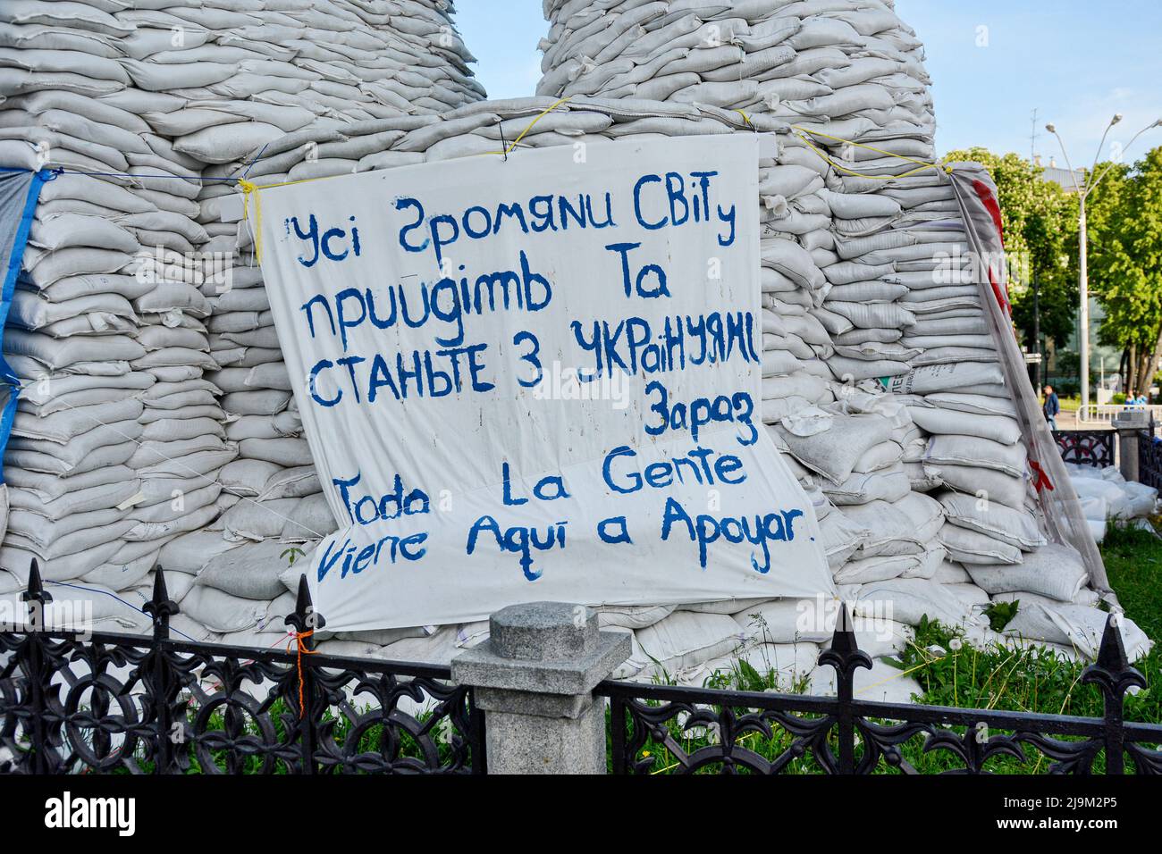 Sandbags piled around a monument of Princess Olga, Apostle Andrew