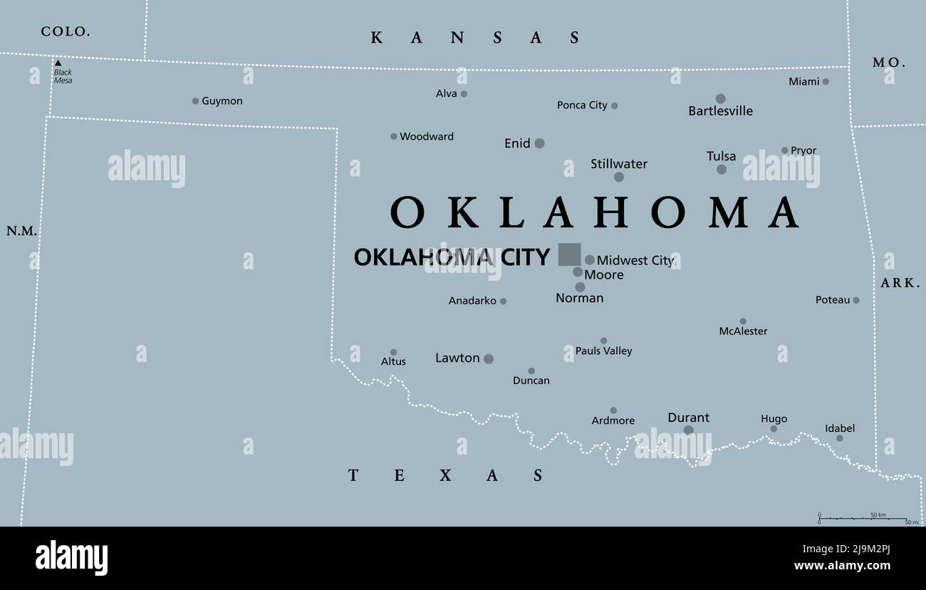 Oklahoma, OK, gray political map, with capital Oklahoma City and the most important cities. US State in the South Central region Stock Photo