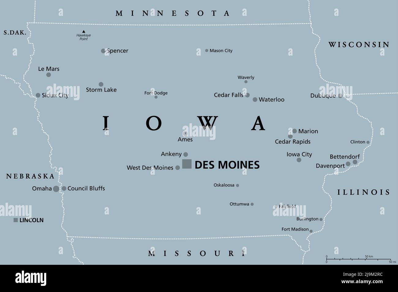 Iowa, IA, gray political map, with the capital Des Moines and most important cities. State in the Midwestern region of the United States. Stock Photo