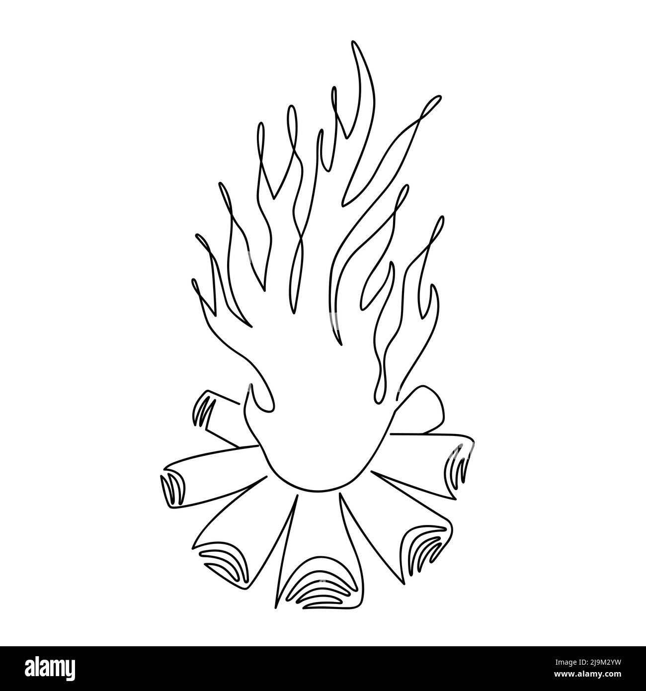 The bonfire is drawn in one line isolated on a white background