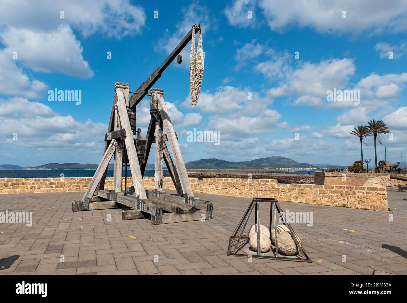 Old siege machine, Alghero Ramparts, Sardinia, Italy Stock Photo