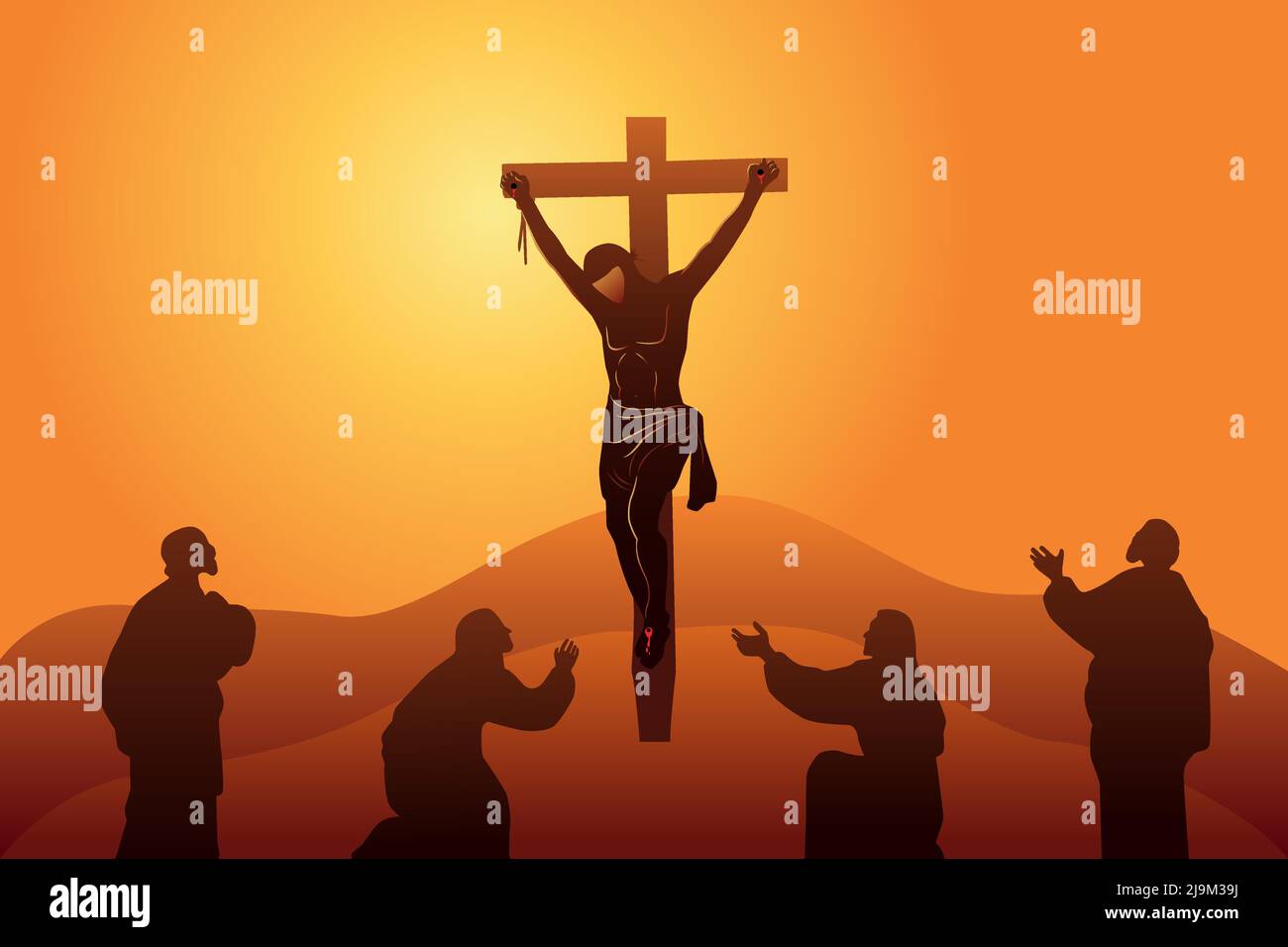 Jesus Dies On The Cross. Way of the Cross or Stations of the Cross, twelfth station. Mary the Mother of Jesus, John the beloved disciple, and Mary Stock Vector