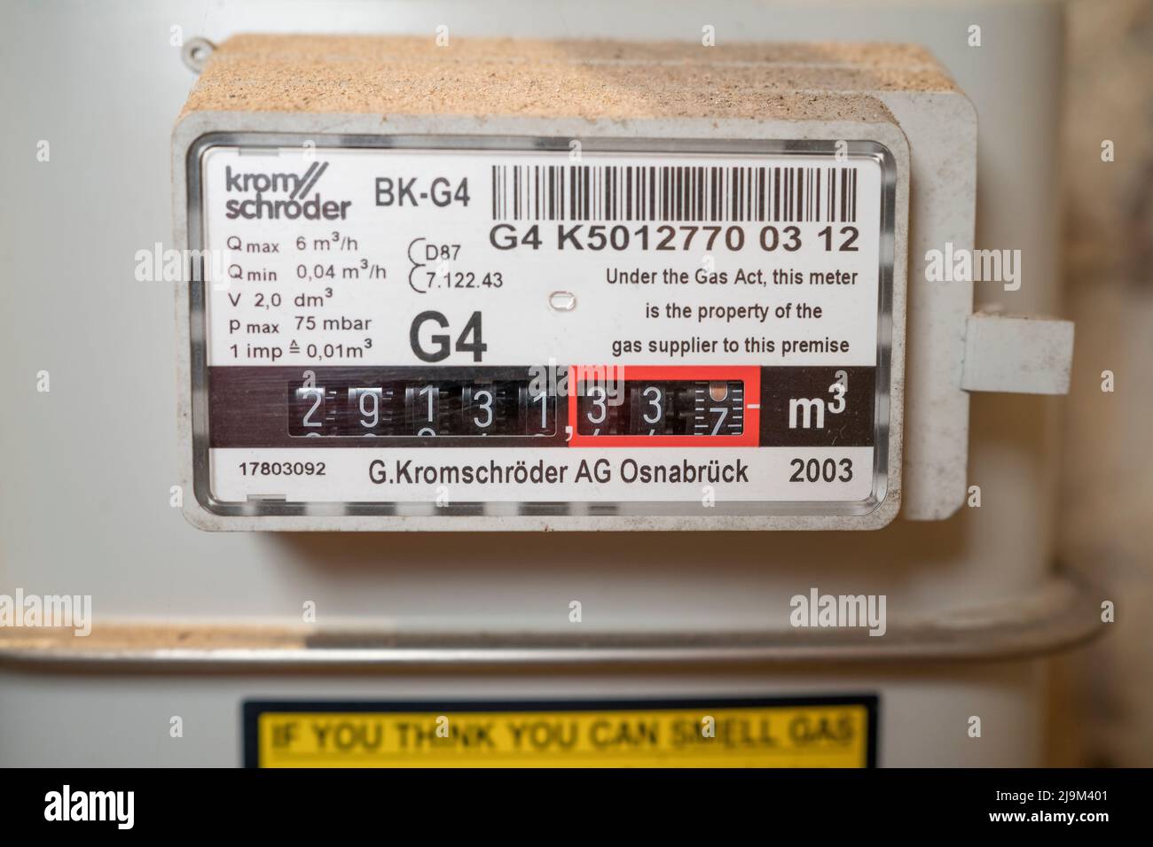 Close up of a Krom Schroder domestic gas meter in a UK residential property, measuring energy usage. Stock Photo